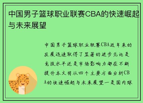 中国男子篮球职业联赛CBA的快速崛起与未来展望